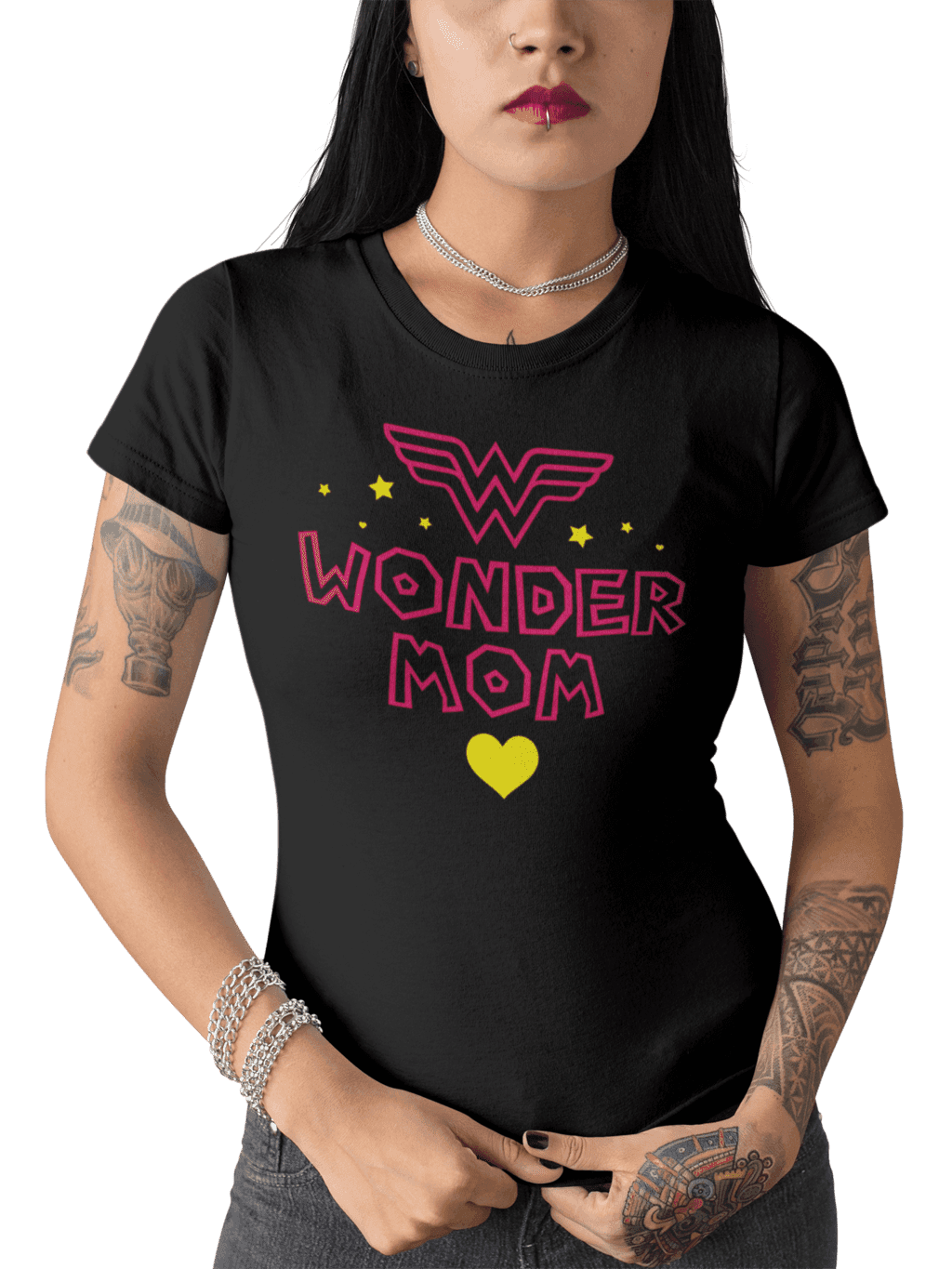tattooed girl mockup standing while wearing a round neck tee against a solid color background a17178 (9) (1)