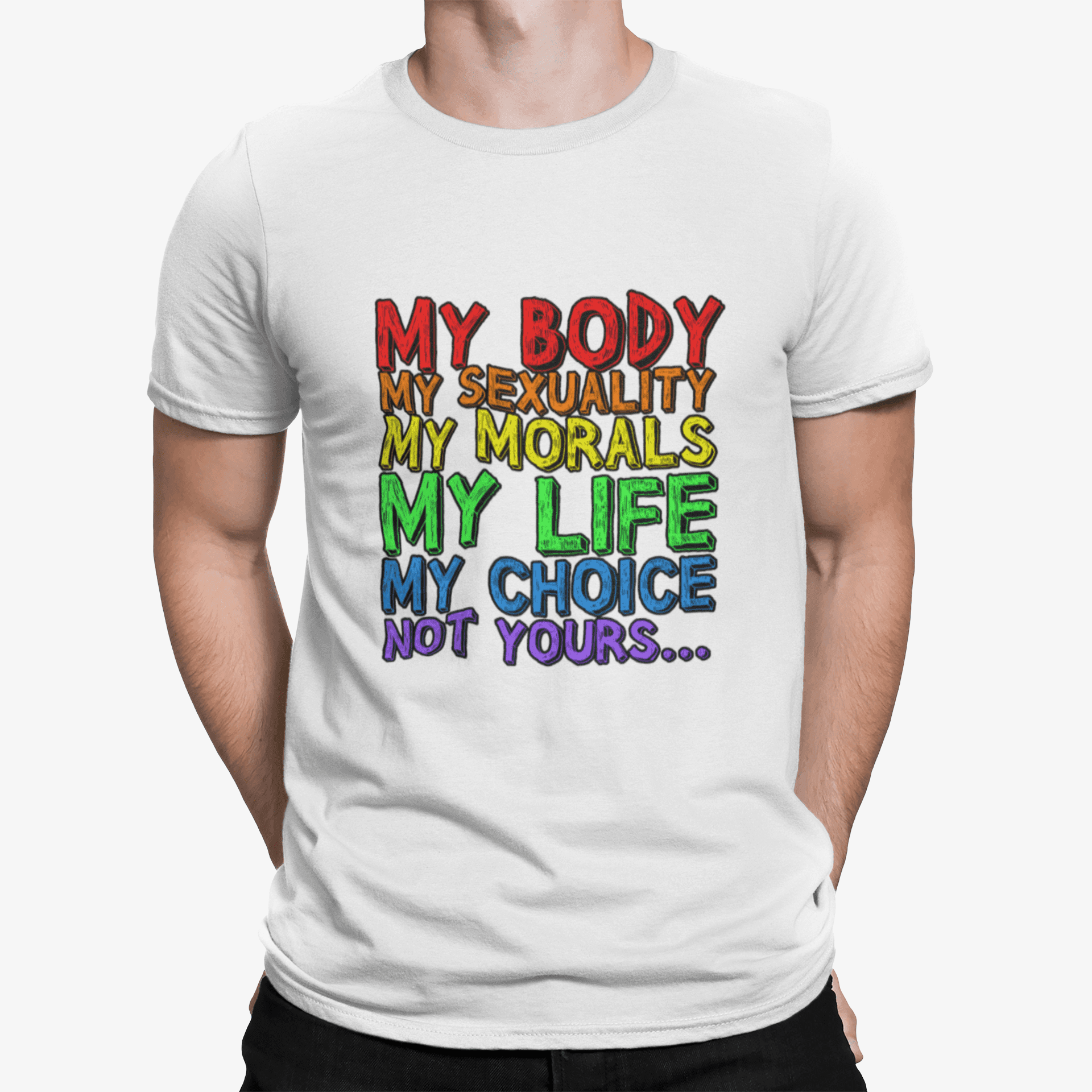 mockup of a man wearing a customizable t shirt against a plain color backdrop 1422 el (21) min