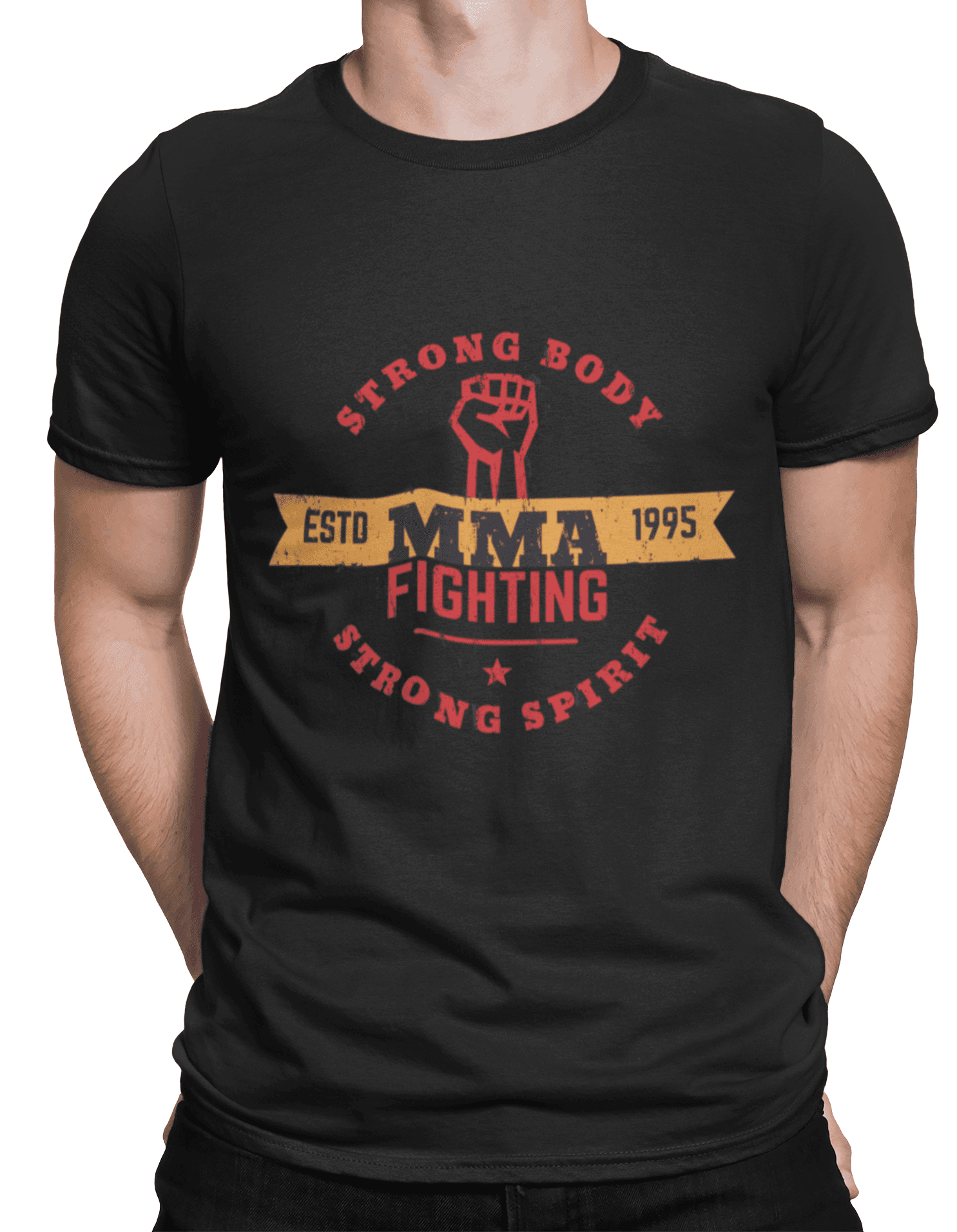 mockup of a man wearing a customizable t shirt against a plain color backdrop 1422 el (1) min