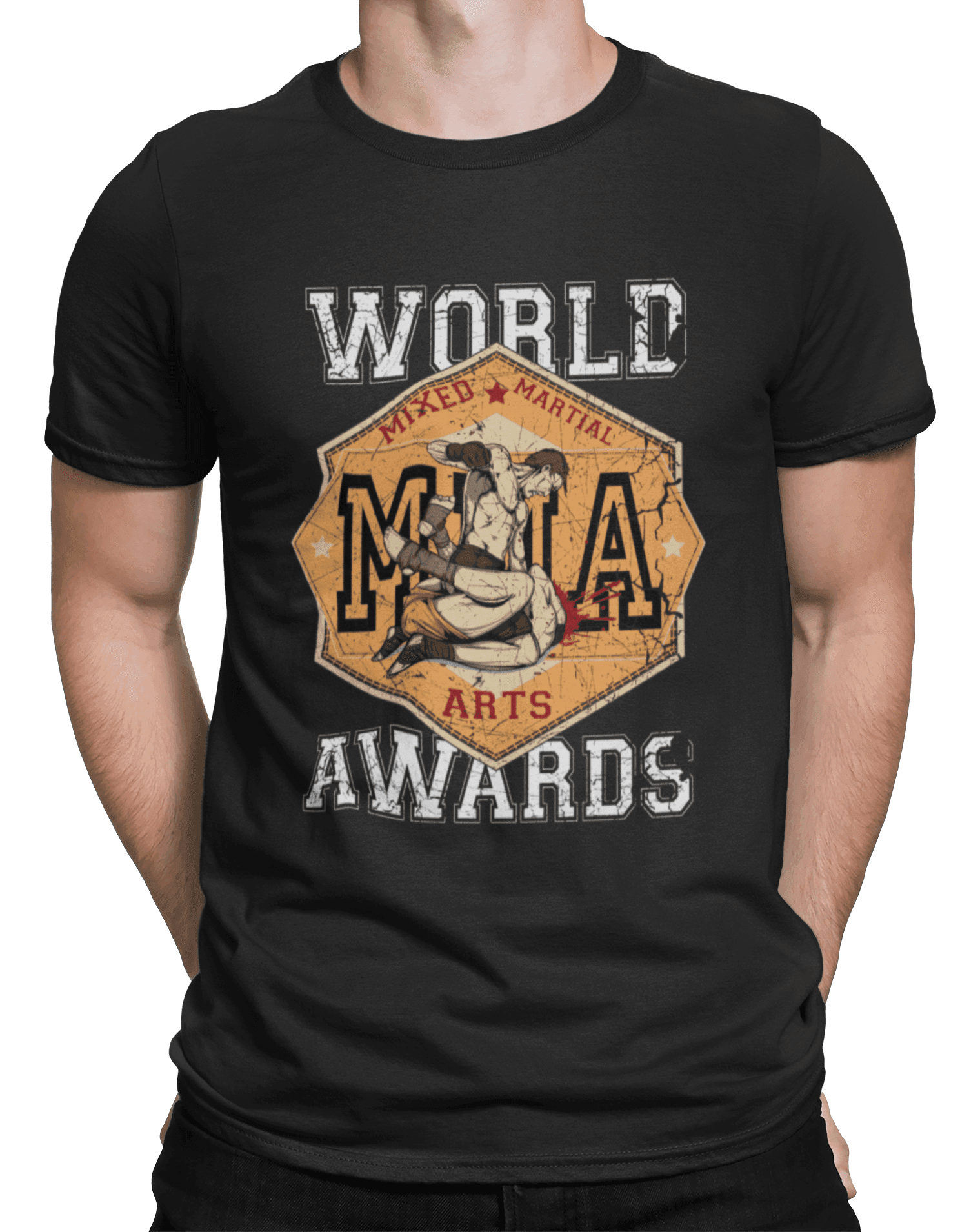 mockup of a man wearing a customizable t shirt against a plain color backdrop 1422 el min