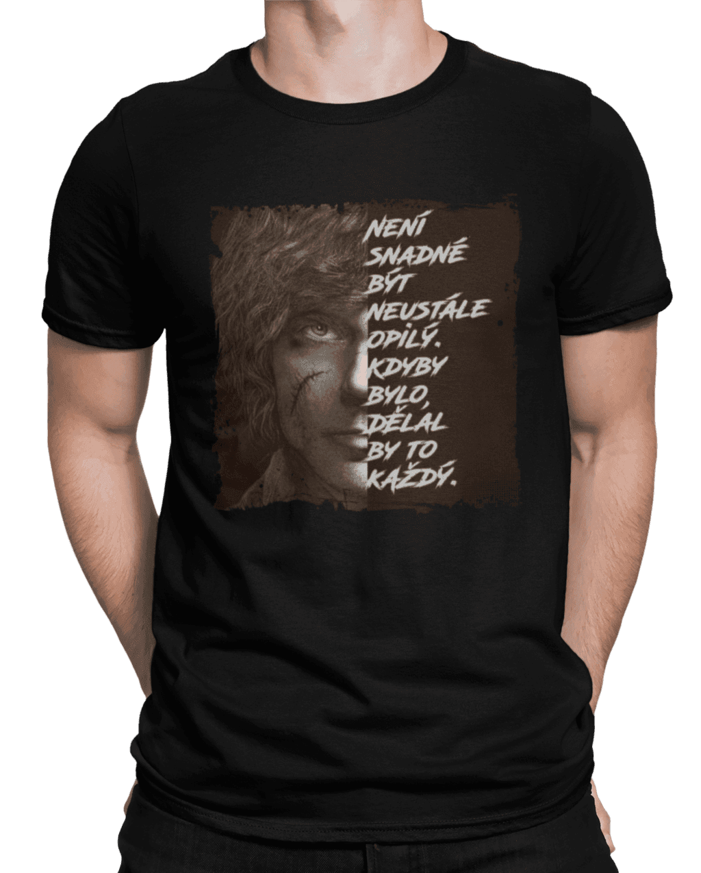 mockup of a man wearing a customizable t shirt against a plain color backdrop 1422 el (4) (1)