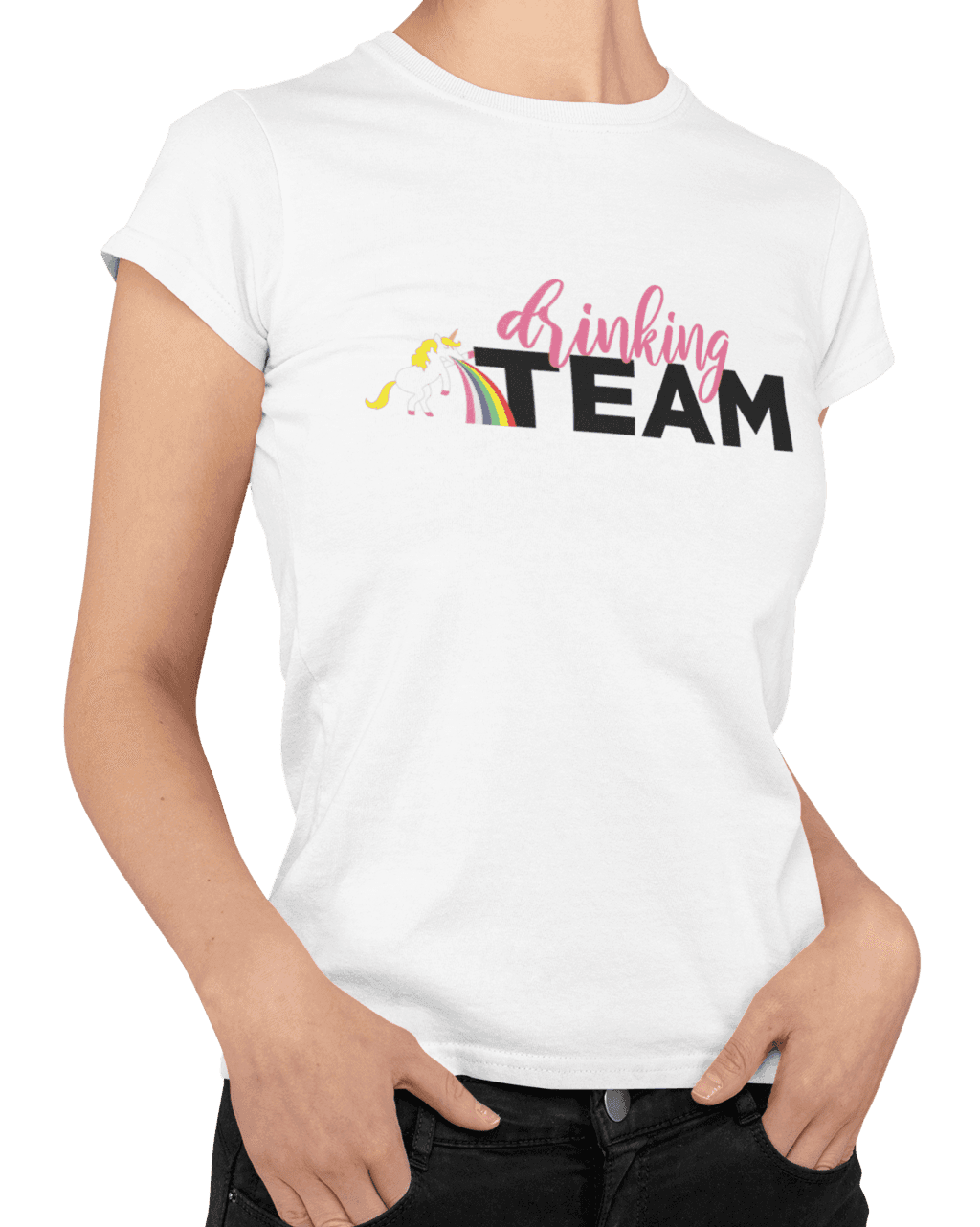 transparent basic tee mockup of a woman posing with her hands in her pockets m842 (2)