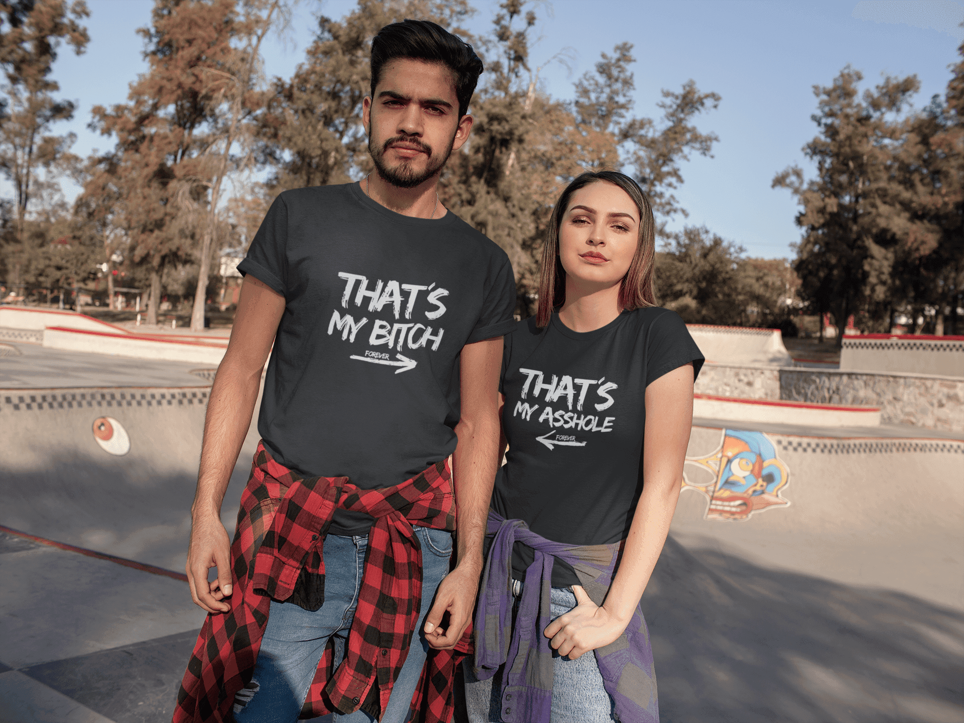 t shirt mockup of a couple at an outdoor skate park 25222 (1) min